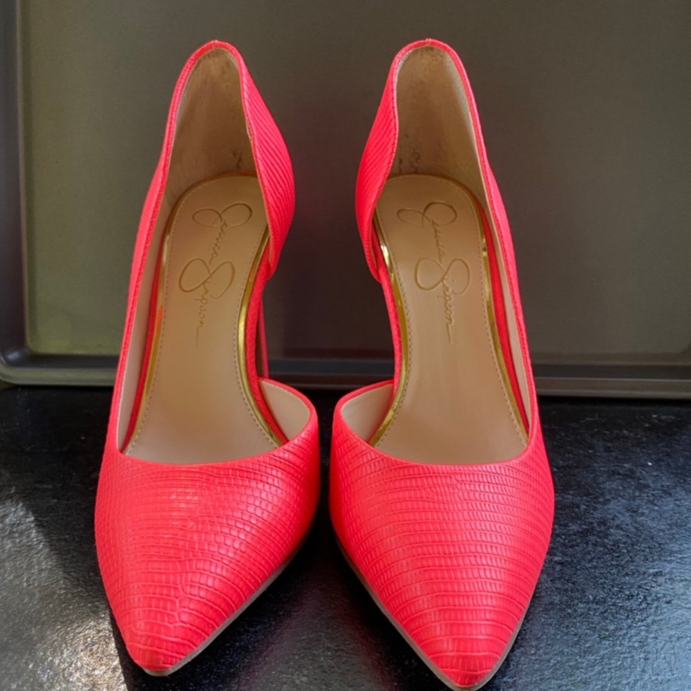 JESSICA SIMPSON CORAL LIZARD EMBOSSED HEELS SZ 7